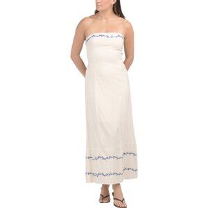 JAPNA Linen Blend Embroidered Strapless Maxi Dress
